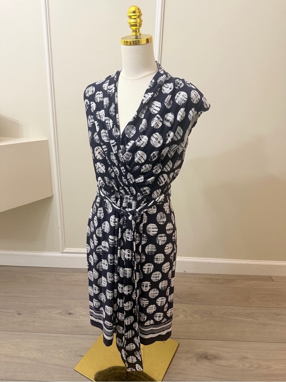 Eliza J Navy and White Wrap Midi Dress with Geometric Polka Dot Medallions - Picture 5 of 7